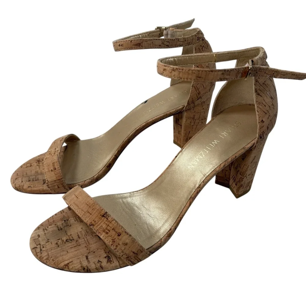 Stuart Weitzman Cork Natural Ankle Strap Block Heel Sandals Tan $398 Size 10